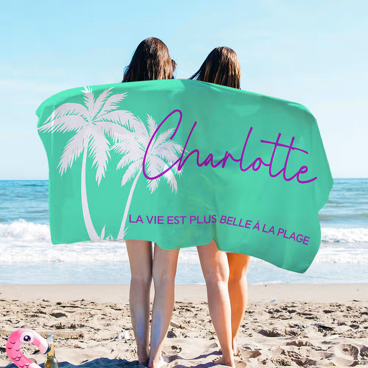 Serviette de Plage Personnalisée avec Nom Texte Motif Palmier Multicolore Accessoire à Séchage Rapide Cadeau pour Femme