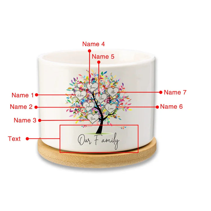 Vase/Pot de Fleurs Arbre 7 Prénoms Personnalisés avec Texte Décoration de la Maison