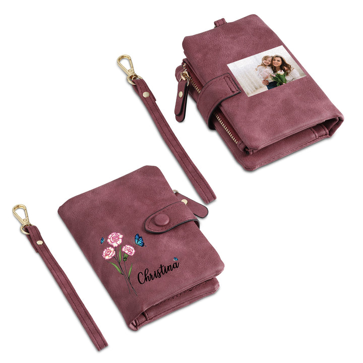 Portefeuille Fleur de naissance 1 Prénom et Photo Personnalisés Porte-Monnaie Carte pour Femmes