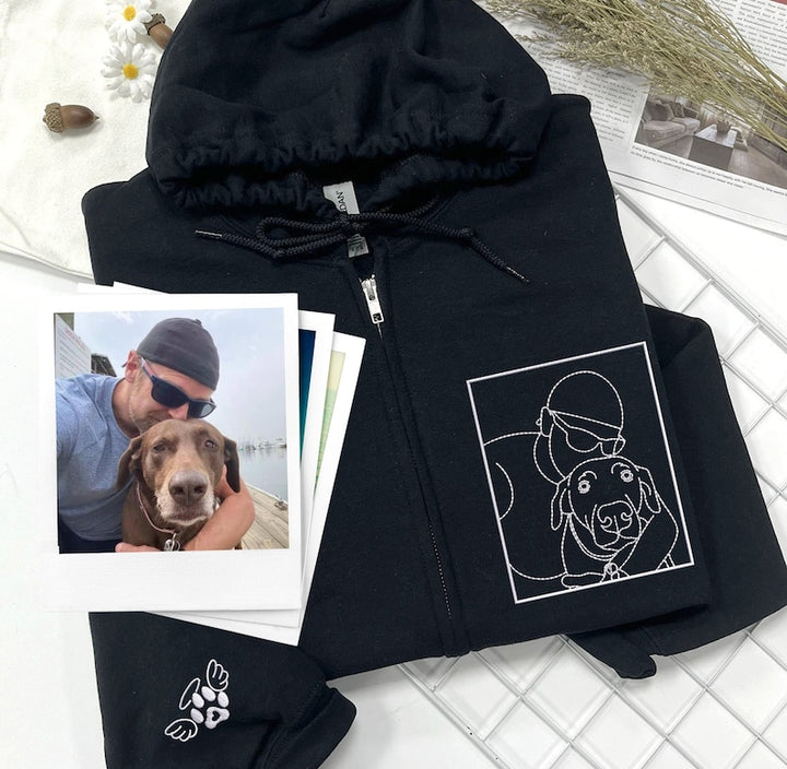 Polo à fermeture éclair personnalisé avec portrait d'animal de compagnie brodé et photo