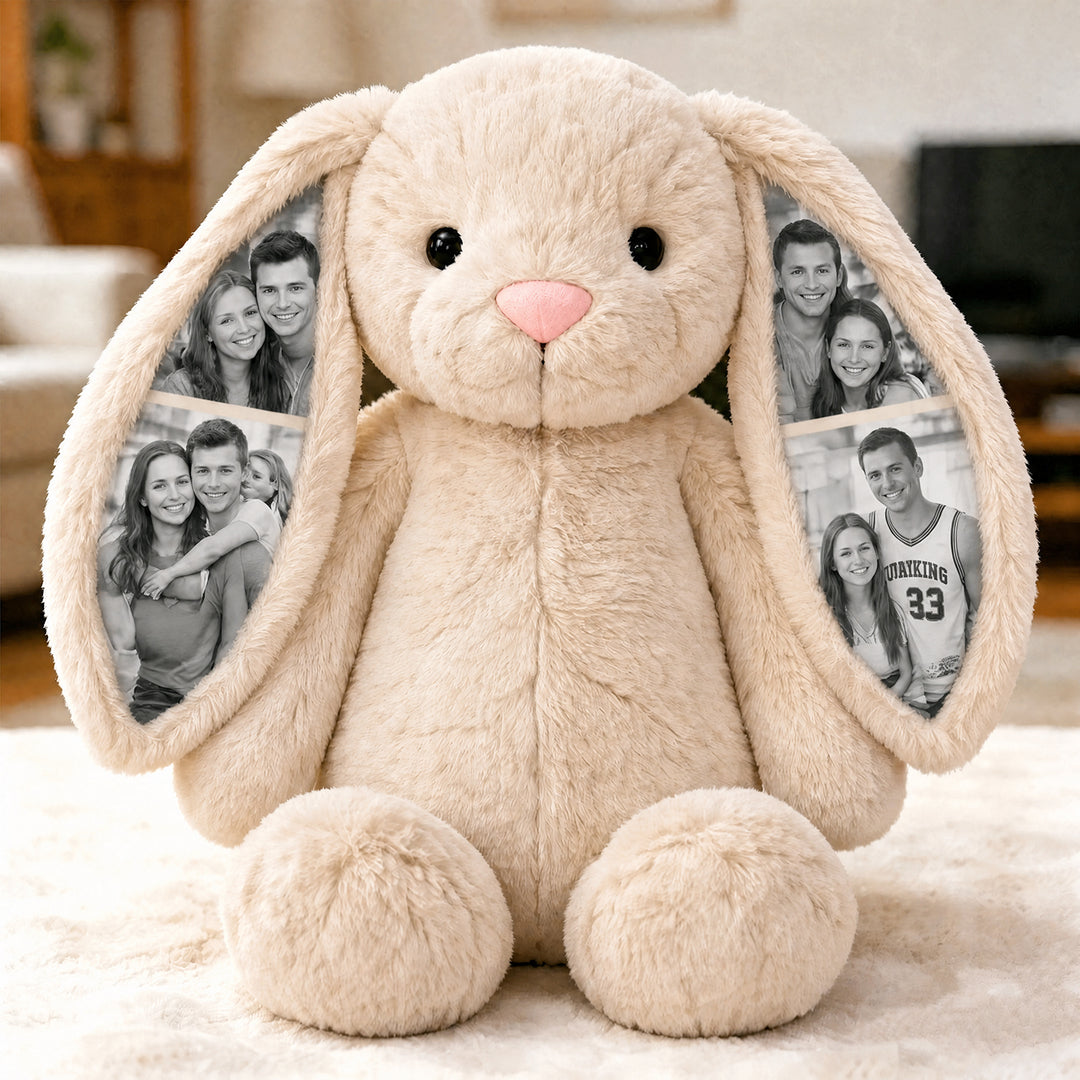 Lapin en peluche personnalisé avec photo, un cadeau spécial pour elle.