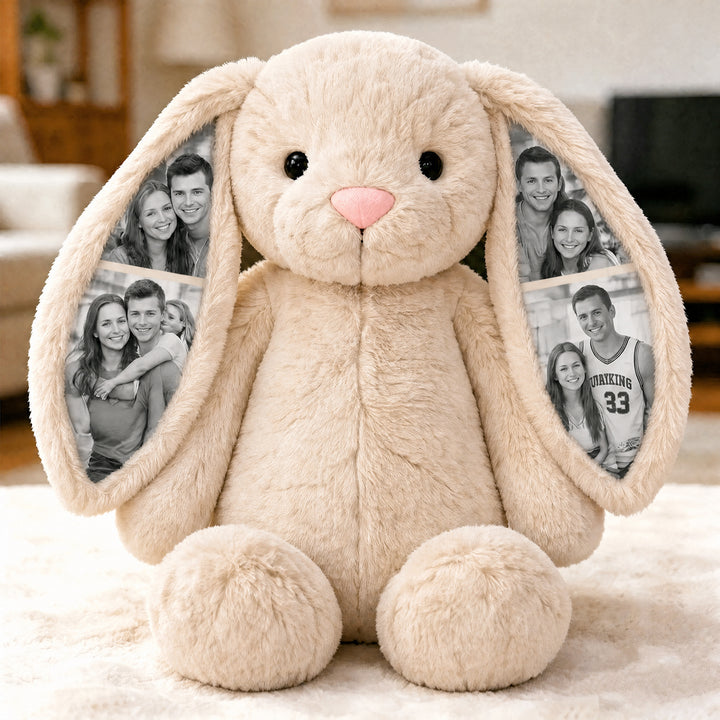 Lapin en peluche personnalisé avec photo, un cadeau spécial pour elle.
