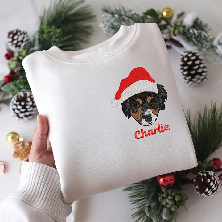 2025 Sweat-shirt brodé personnalisé en couleur avec portrait d'animal de compagnie, avec chapeau de Noël