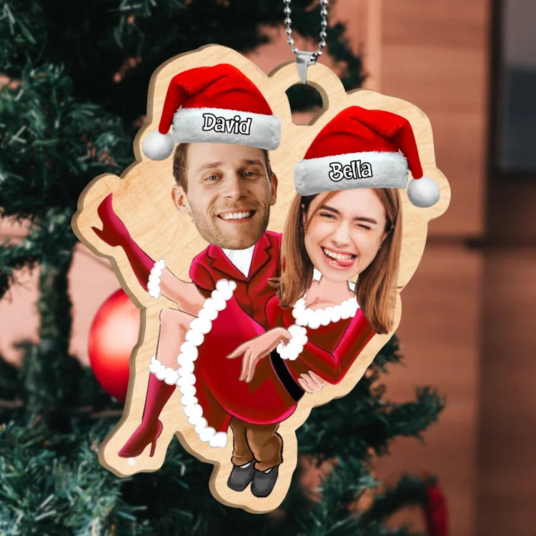 Ornements de Noël Couple en Bois 2 Prénoms et 2 Photos Personnalisés