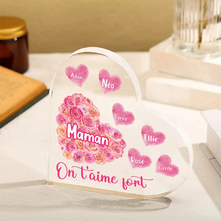 À ma Maman/Mamie - Plaque Acrylique en forme de Cœur Rose 1-10 Prénoms