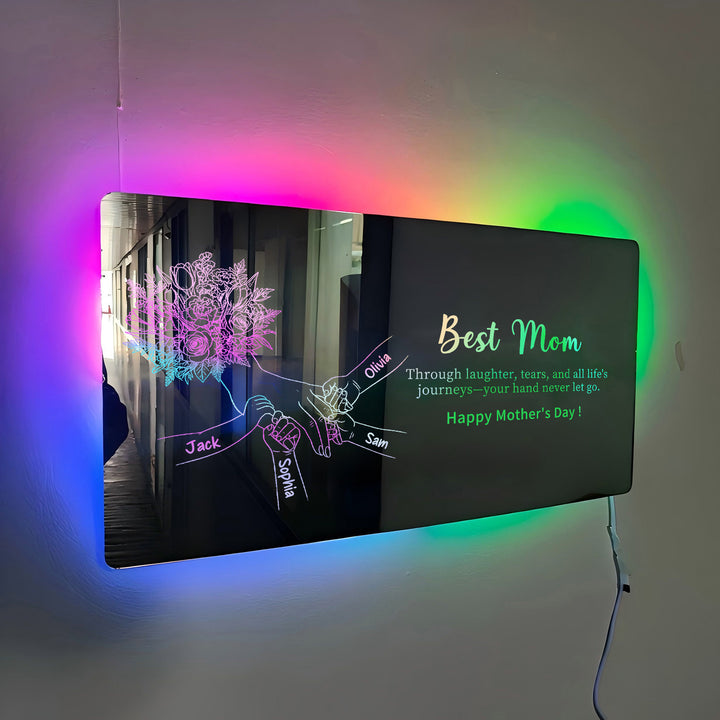 Miroir lumineux personnalisé avec empreintes de mains d'enfants — Cadeau pour la fête des Mères