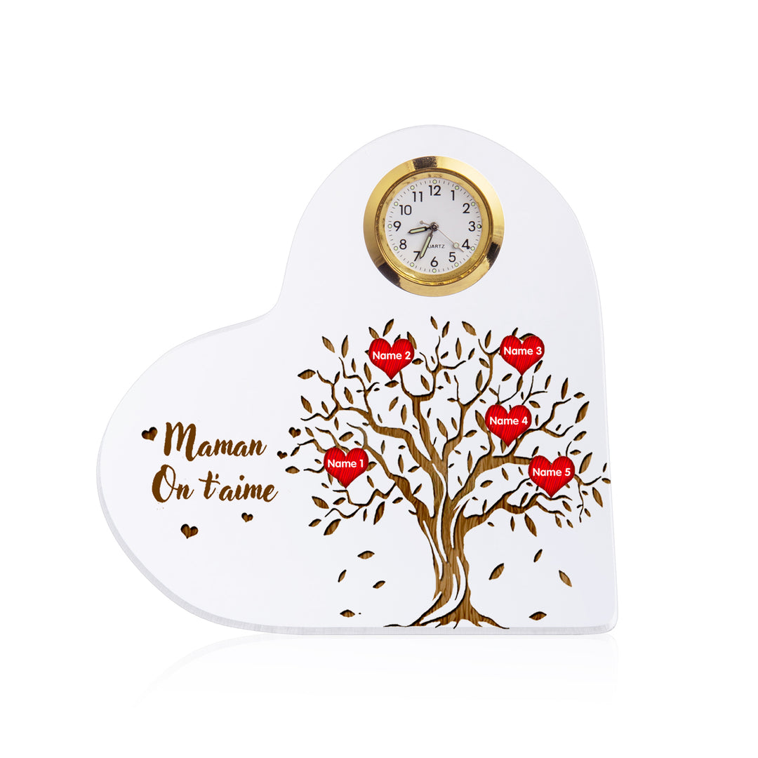 1-7 prénoms - Plaque acrylique en forme de coeur avec horloge Arbre de vie Arbre généalogique
