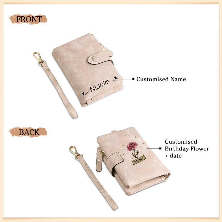 Portefeuille Fleur de naissance 1 Prénom et Photo Personnalisés avec Date Porte-Monnaie Carte pour Femmes