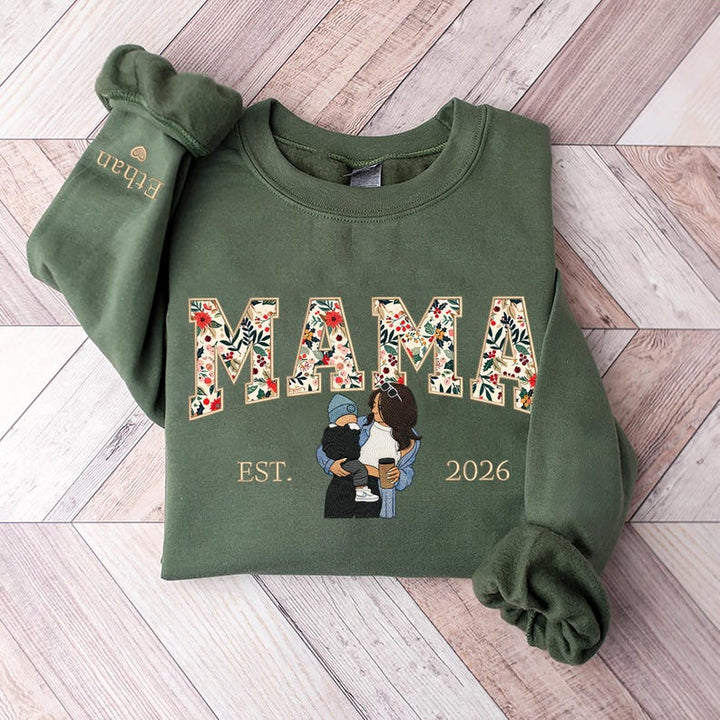 Sweat-shirt personnalisé brodé de motifs floraux avec portrait pour maman