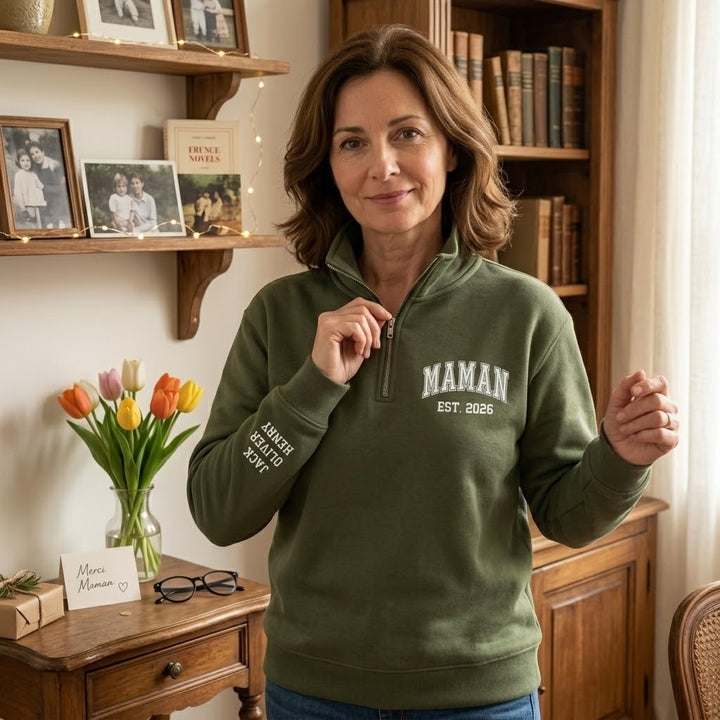 Sweat-shirt quarter-zip brodé MAMAN ou PAPA，Cadeau personnalisé pour la famille