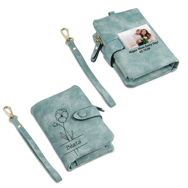 Portefeuille Fleur de naissance 1 Prénom et Photo Personnalisés avec Texte Porte-Monnaie Carte pour Femmes