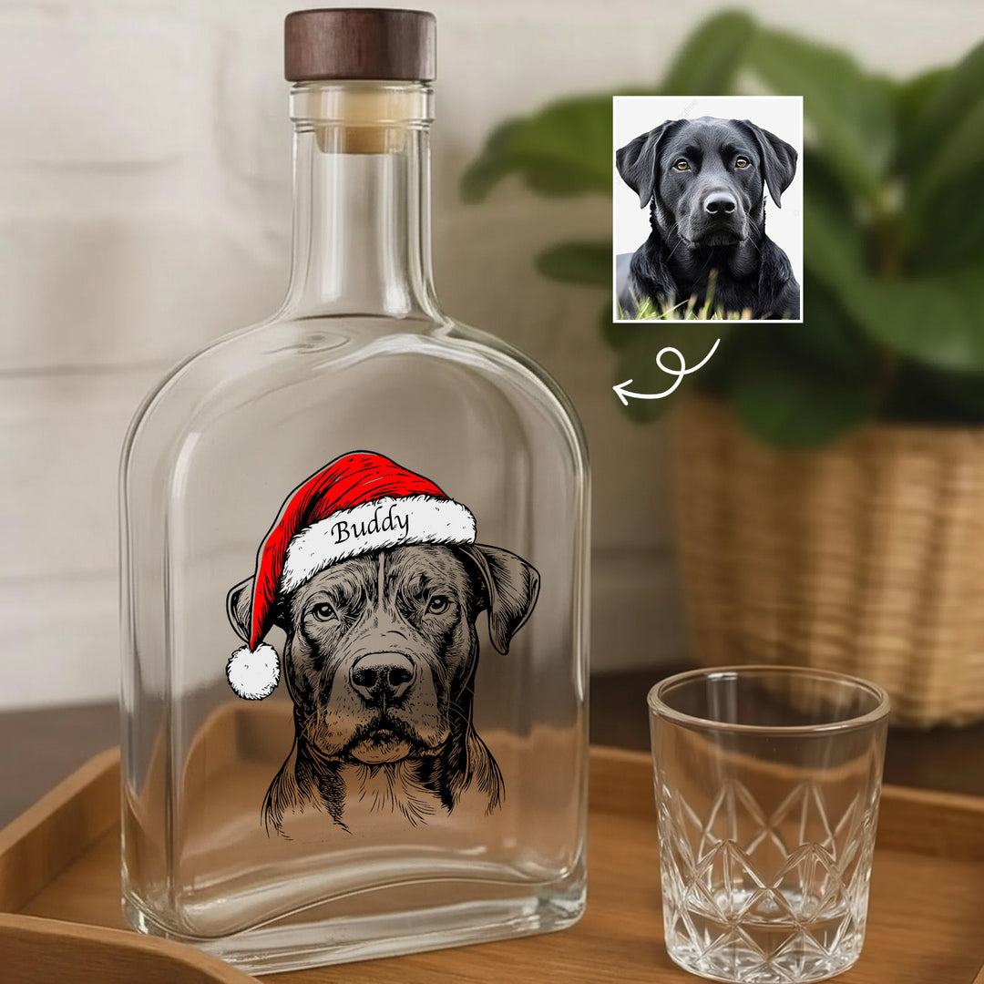 Bouteille de whisky de Noël personnalisée avec portrait d'animal de compagnie