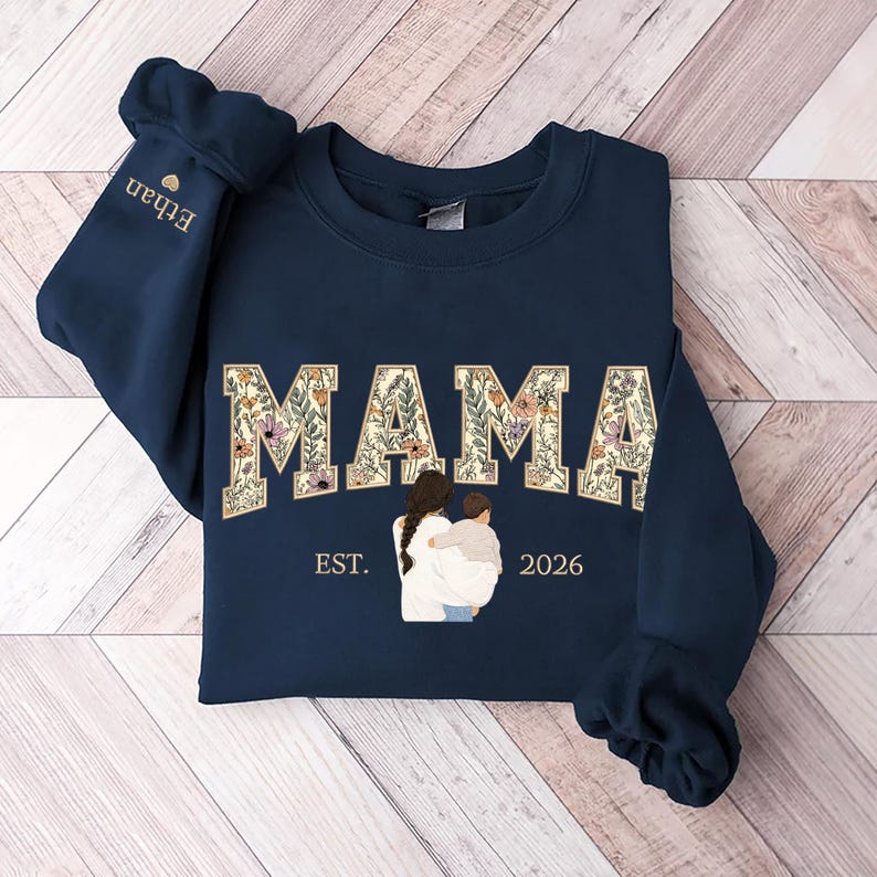 Sweat-shirt personnalisé brodé de motifs floraux avec portrait pour maman