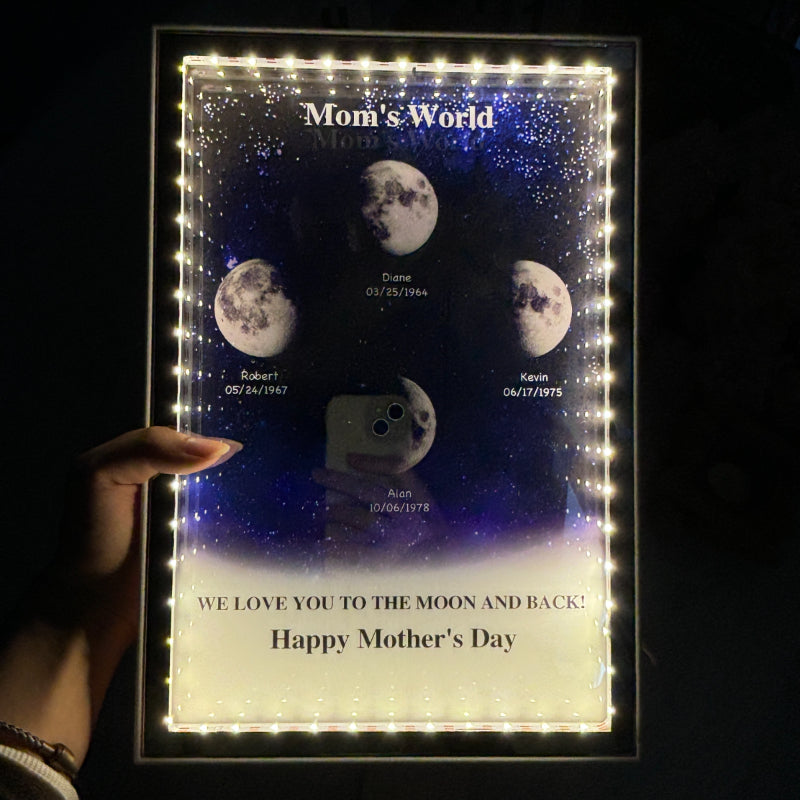 L'univers de maman/papa - Miroir lumineux personnalisé avec phases de lune étoilées
