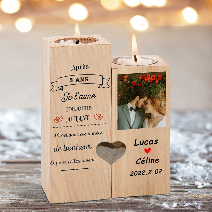 Bougeoir en Bois 2 Prénoms Personnalisé avec date et photo et numéros sans bougie
