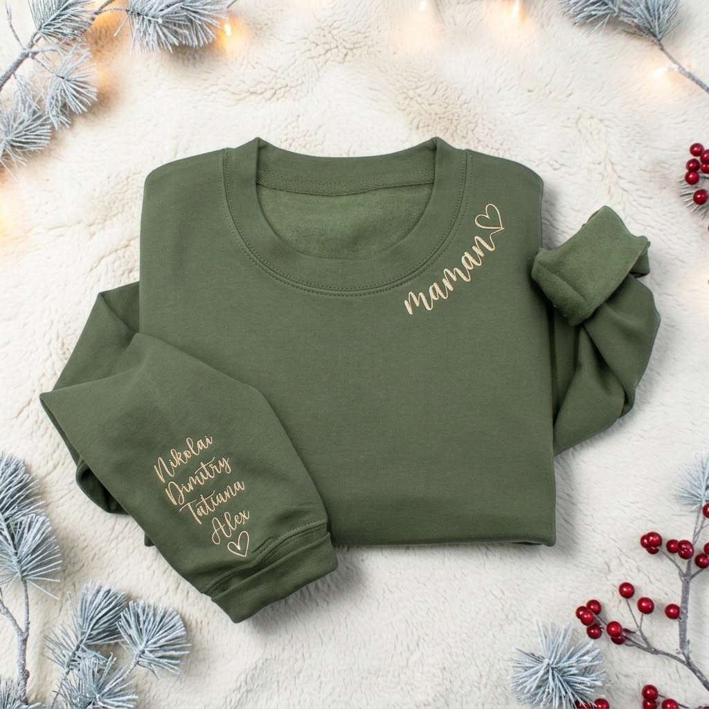 Sweat-shirt brodé personnalisé avec les noms des enfants sur la manche, cadeau parfait pour maman ou la famille