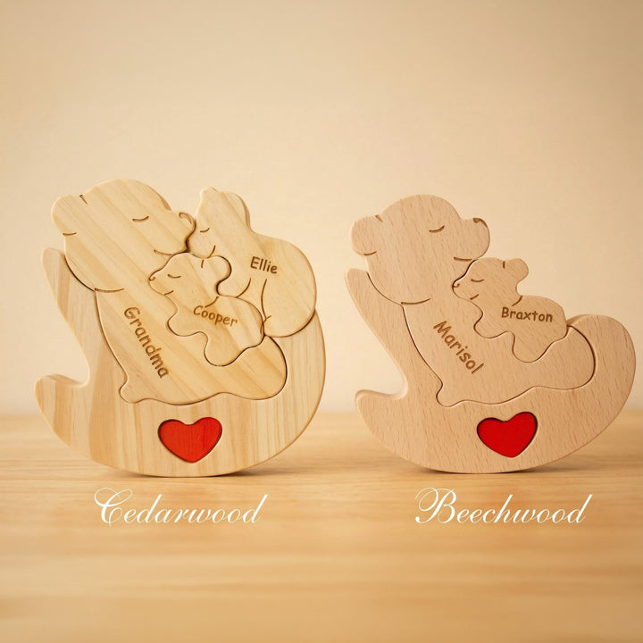 Puzzle familial en bois personnalisé – Ours Maman berçant ses petits avec prénoms gravés
