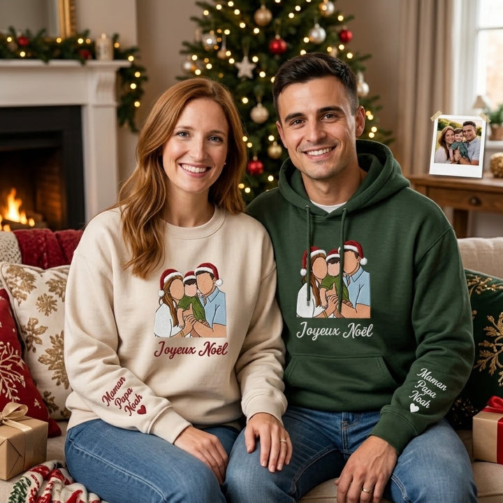 Sweat-shirt Brodé Personnalisé avec Photo de Famille et Bonnets de Noël