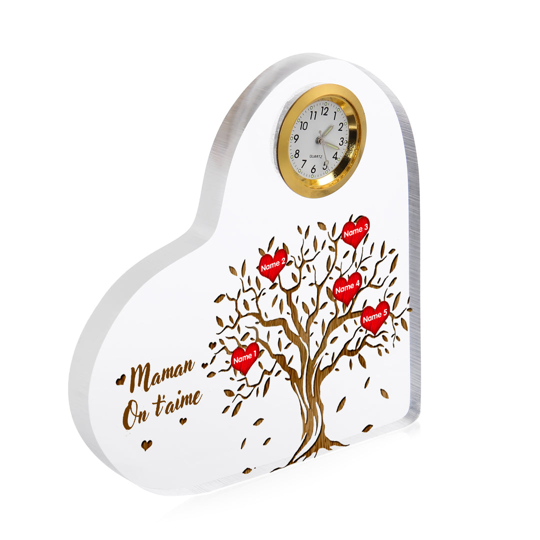 1-7 prénoms - Plaque acrylique en forme de coeur avec horloge Arbre de vie Arbre généalogique