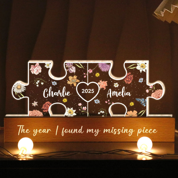 Tu es ma pièce manquante-Veilleuse LED en acrylique personnalisée avec initiales de couple sur le thème floral