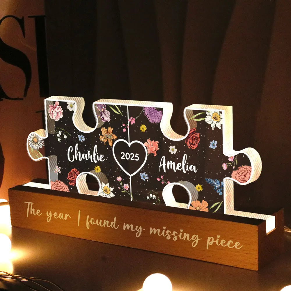 Tu es ma pièce manquante-Veilleuse LED en acrylique personnalisée avec initiales de couple sur le thème floral