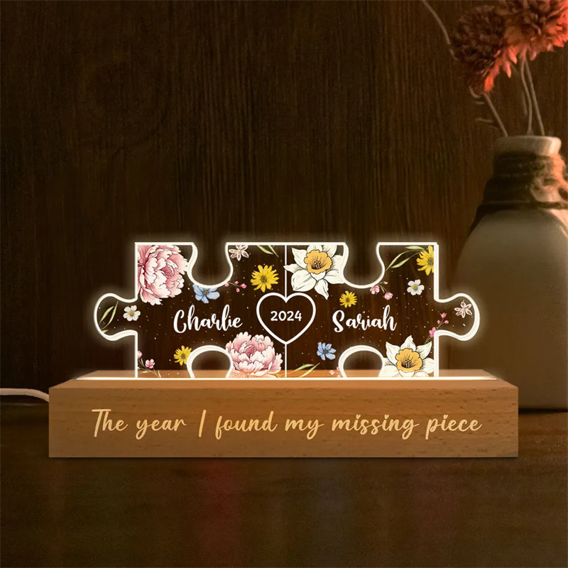 Tu es ma pièce manquante-Veilleuse LED en acrylique personnalisée avec initiales de couple sur le thème floral