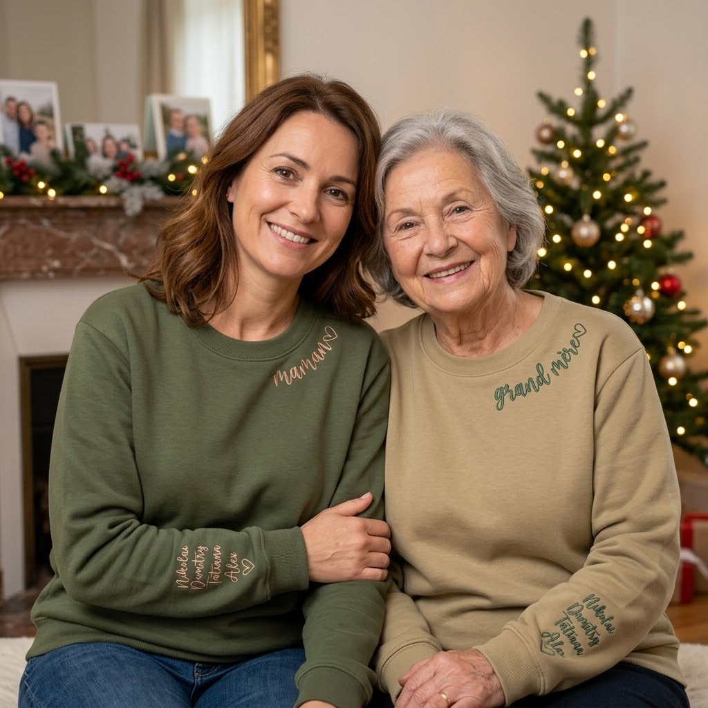 Sweat-shirt brodé personnalisé avec les noms des enfants sur la manche, cadeau parfait pour maman ou la famille