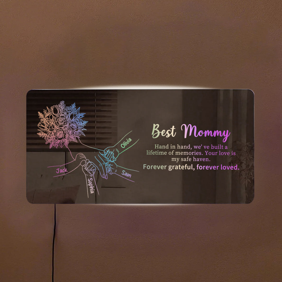 Miroir lumineux personnalisé avec empreintes de mains d'enfants — Cadeau pour la fête des Mères