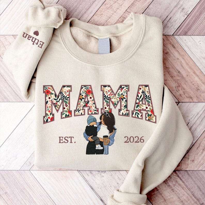 Sweat-shirt personnalisé brodé de motifs floraux avec portrait pour maman