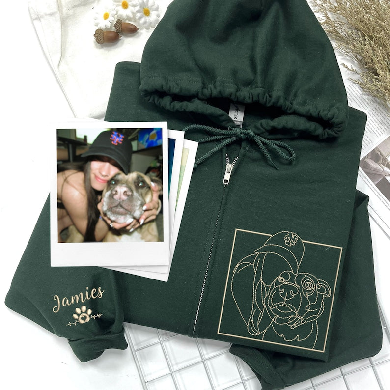 Polo à fermeture éclair personnalisé avec portrait d'animal de compagnie brodé et photo