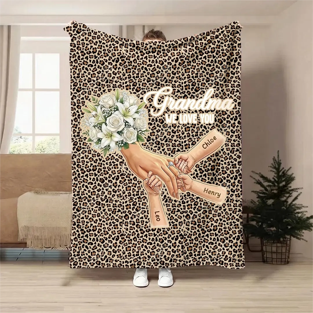 Plaid couverture personnalisée Maman mains entrelacées avec prénoms et fleurs