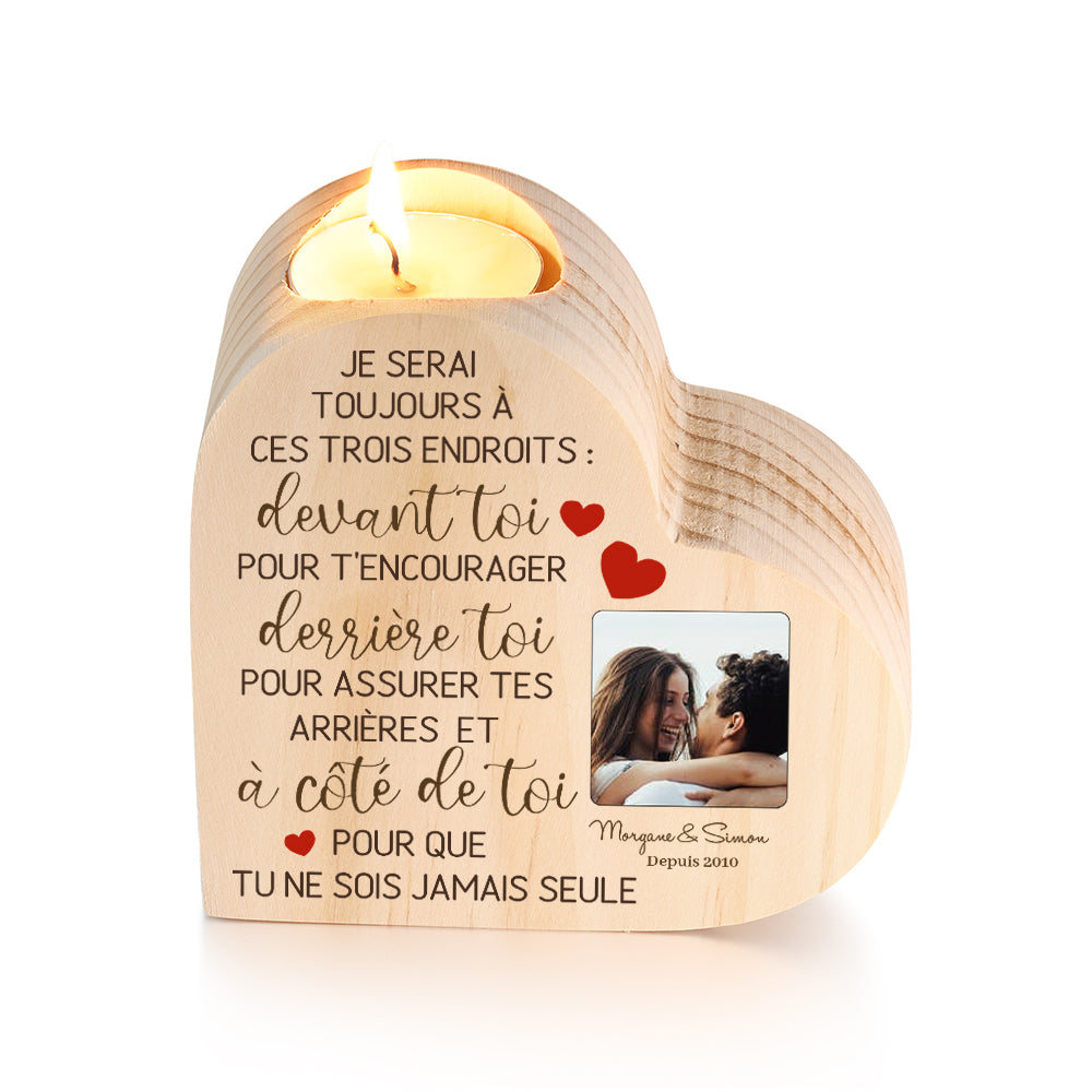 Bougeoir en Bois Pour Couple 2 Prénoms Personnalisés avec Texte et Photo sans bougie