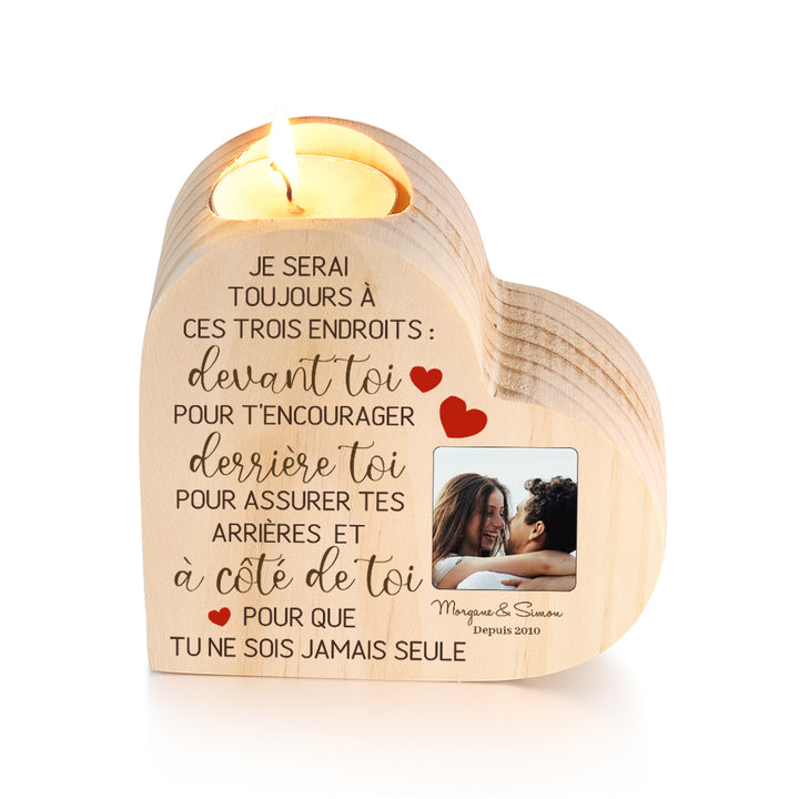 Bougeoir en Bois Pour Couple 2 Prénoms Personnalisés avec Texte et Photo sans bougie