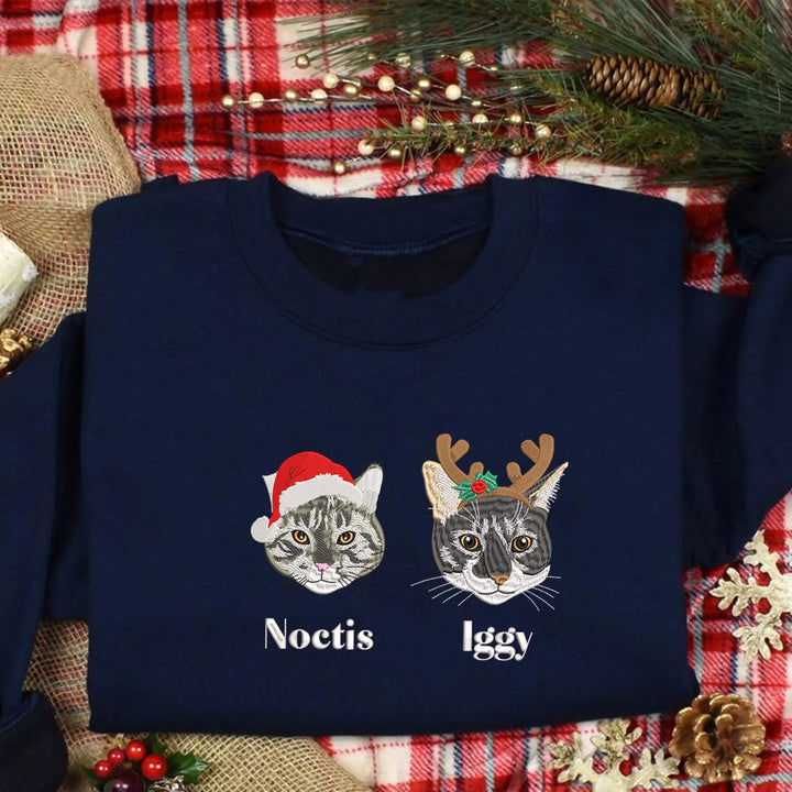 Sweat-shirt brodé personnalisé en couleur avec portrait d'animal de compagnie, avec chapeau de Noël, 2025