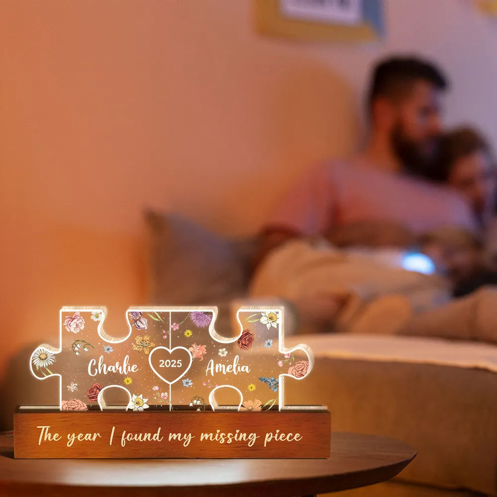 Tu es ma pièce manquante-Veilleuse LED en acrylique personnalisée avec initiales de couple sur le thème floral