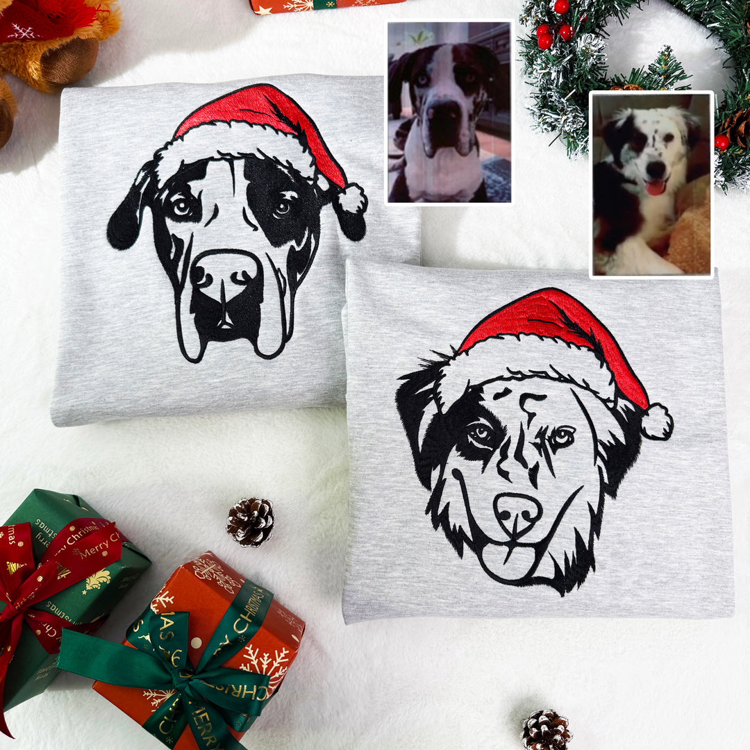 Sweat à capuche ou sweat-shirt brodé personnalisé avec le visage de votre animal de compagnie et un bonnet de Père Noël coloré, cadeau de Noël ou de deuil