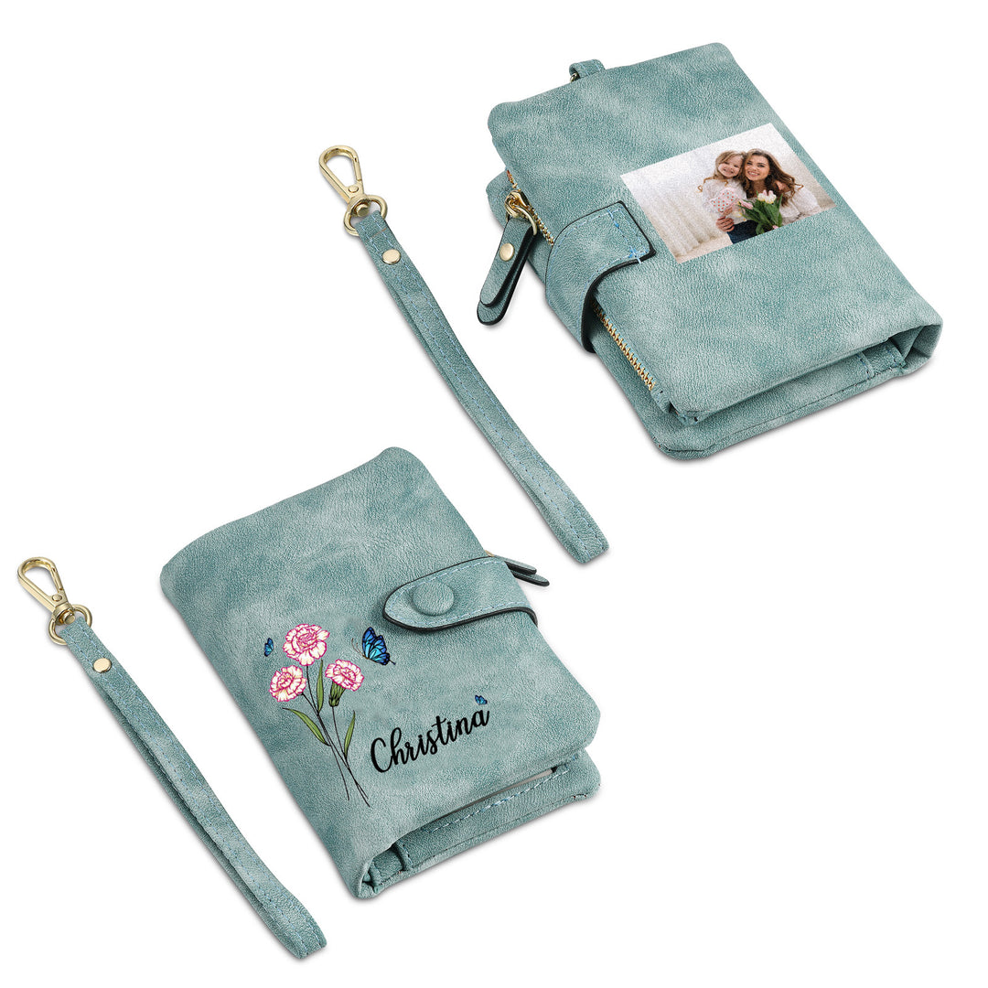 Portefeuille Fleur de naissance 1 Prénom et Photo Personnalisés Porte-Monnaie Carte pour Femmes