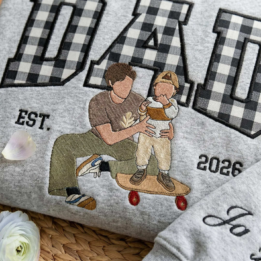 Sweat-shirt personnalisé avec appliqué brodé représentant le portrait d'un papa – Cadeau de fête des Pères