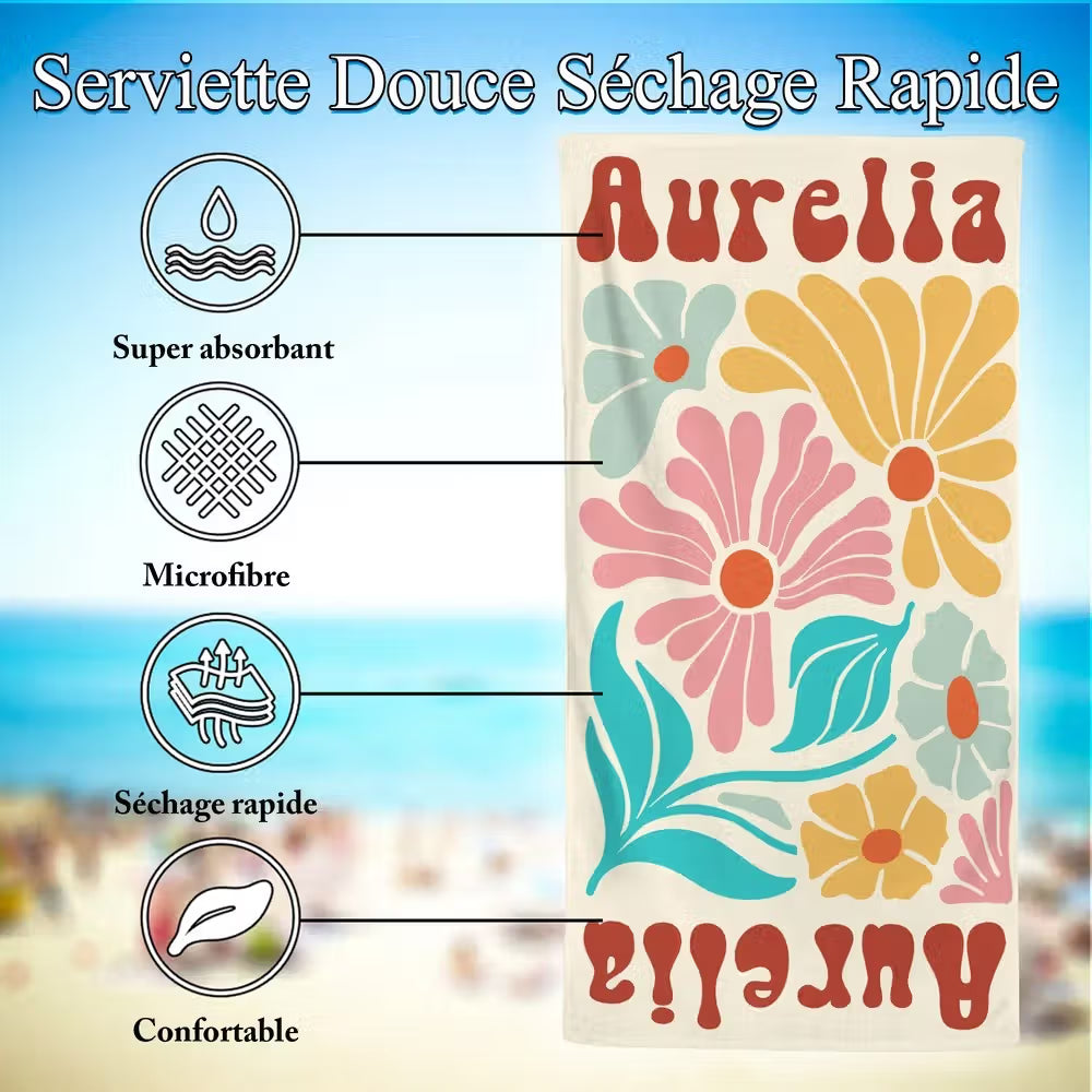 Épanouissez-vous Sous le Soleil - Serviette de Plage Florale avec Nom Personnalisé - Cadeau Idéal pour les Femmes