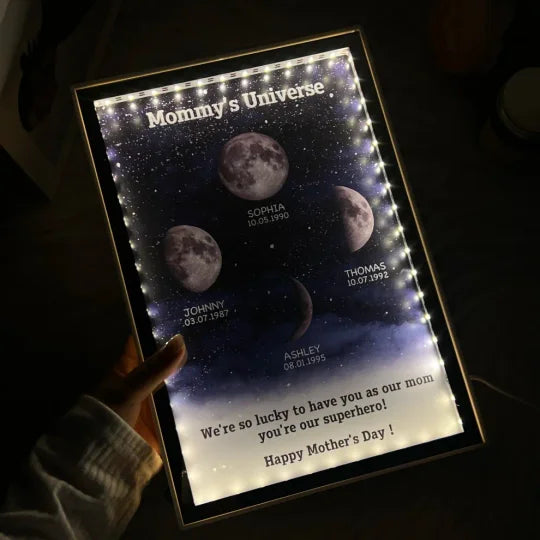 L'univers de maman/papa - Miroir lumineux personnalisé avec phases de lune étoilées