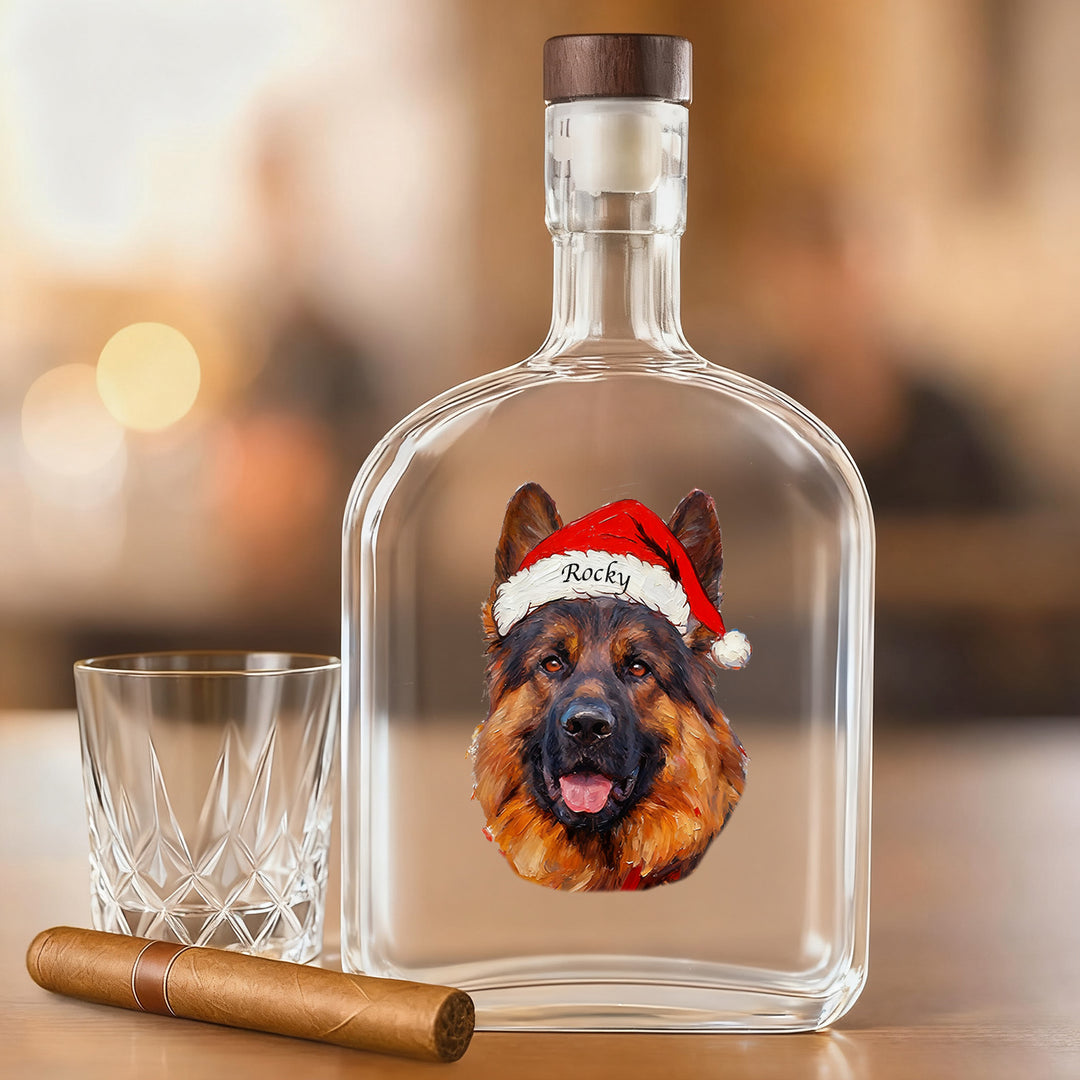 Portrait d'animal de compagnie personnalisé, style peinture à l'huile de Noël, bouteille de whisky