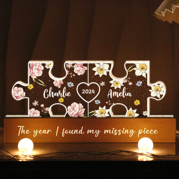Tu es ma pièce manquante-Veilleuse LED en acrylique personnalisée avec initiales de couple sur le thème floral