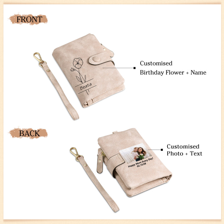 Portefeuille Fleur de naissance 1 Prénom et Photo Personnalisés avec Texte Porte-Monnaie Carte pour Femmes