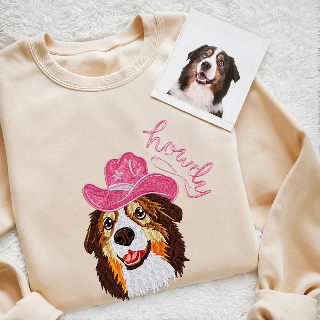 Sweat-shirt brodé avec portrait d'animal personnalisé, style cowboy western et options de chapeau en jean coloré