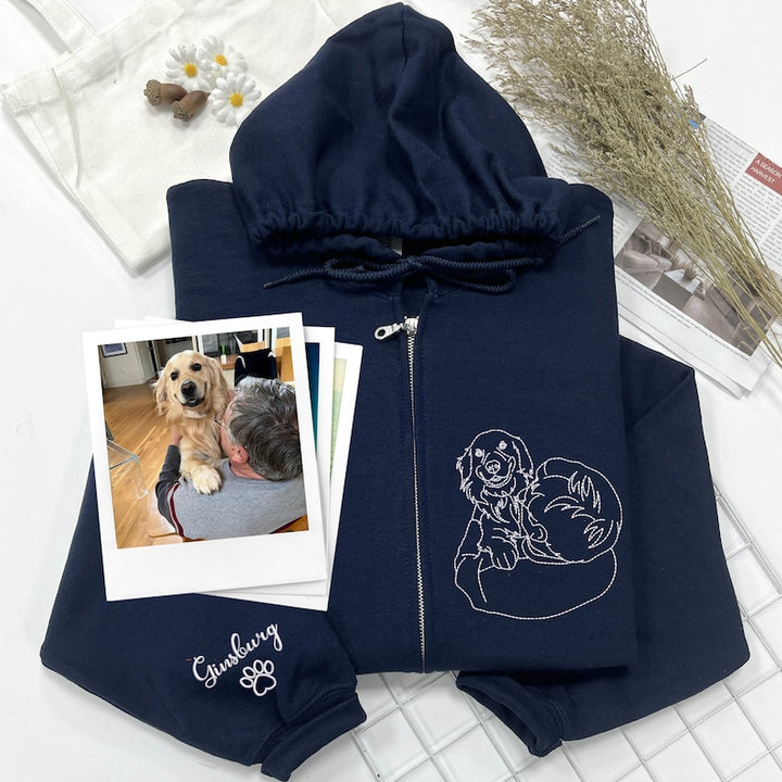 Polo à fermeture éclair personnalisé avec portrait d'animal de compagnie brodé et photo