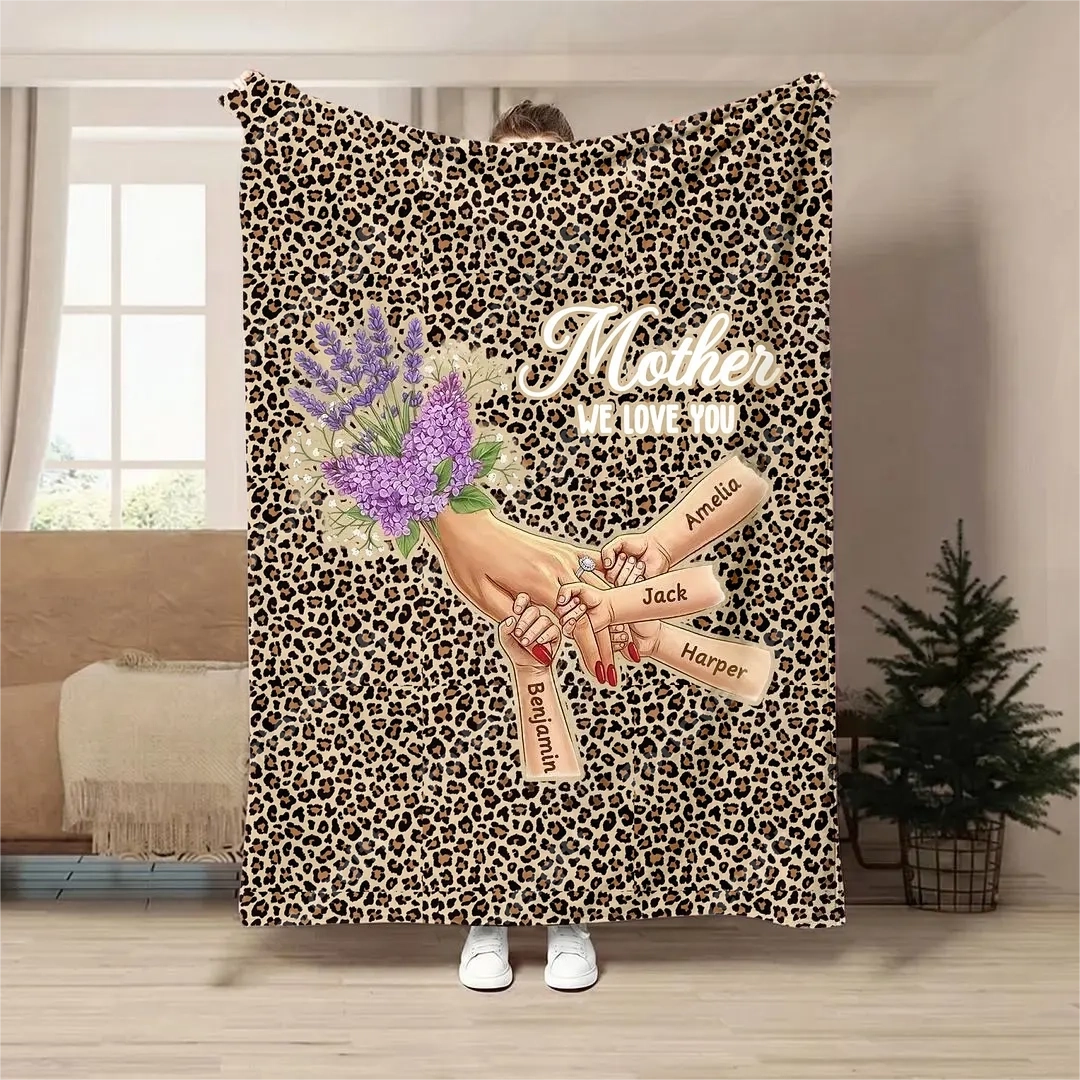 Plaid couverture personnalisée Maman mains entrelacées avec prénoms et fleurs