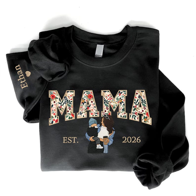 Sweat-shirt personnalisé brodé de motifs floraux avec portrait pour maman