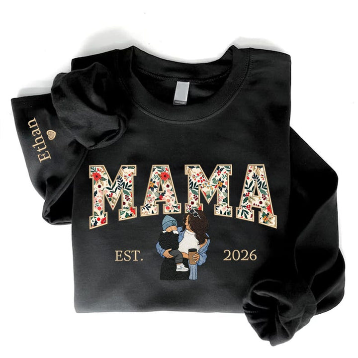 Sweat-shirt personnalisé brodé de motifs floraux avec portrait pour maman