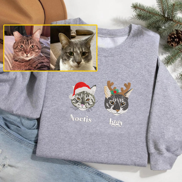 Sweat-shirt brodé personnalisé en couleur avec portrait d'animal de compagnie, avec chapeau de Noël, 2025