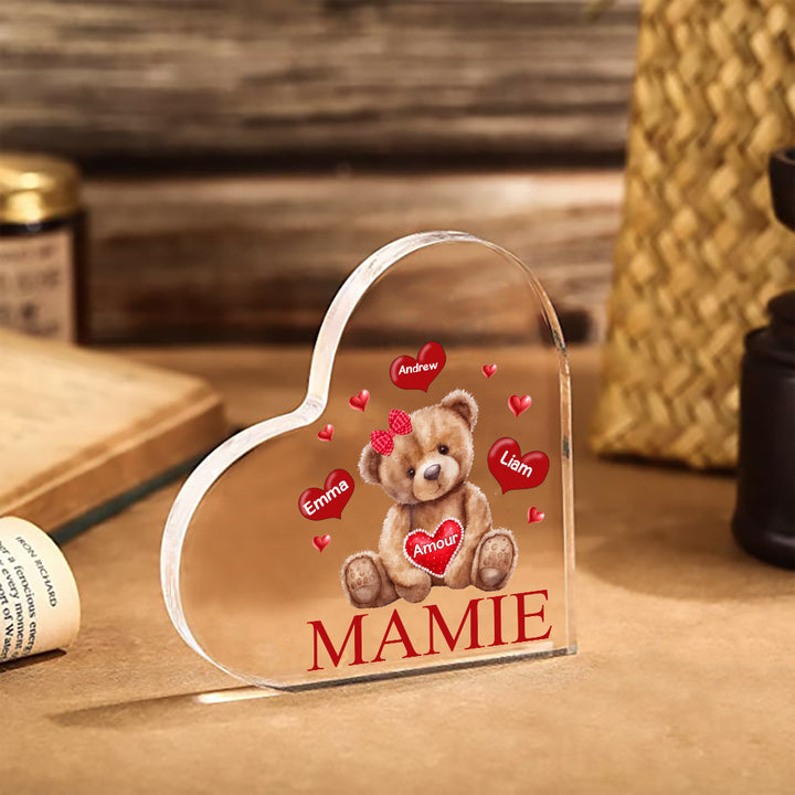 À ma Maman/Mamie - Plaque Acrylique Ours en Forme de Cœur Personnalisés avec -  1-9 prénoms